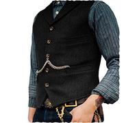 Ceehuteey Men's Suit Waistcoat, Tweed, Retro, V-Neck, Wool, Herringbone Pattern, for Prom, black, XXL