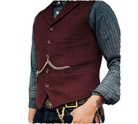Ceehuteey Men's Suit Waistcoat, Tweed, Retro, V-Neck, Wool, Herringbone Pattern, for Prom, burgundy, XL
