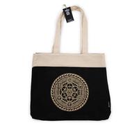 CeeKay Traders Tote Bag Oversized Canvas Chocolate Shoulder Bag, Black with Gold Mandala Design, Natural Beige Straps, Freedom Chakra Collection