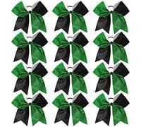 CEELGON 12 Pack Large Glitter Bows 8 Inch Two Tone Girls Elastic Hair Ties for Teen Girls Softball Competition Sports Cheerleaders Black/Green