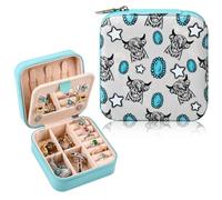 CEELGON Western Jewelry Box Case Highland Cow Print Travel Jewelry Organizer Christmas Gifts for Women Country Girls Cowgirl Stuff Small Portable Travel Accessories for Women -Blue Cow