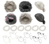 Ceenna 18 Pcs Old Woman Wig Set Grandma Wig Glasses Halloween Old Woman Costume Cosplay Party Grey Black Silver As The Picture Shown