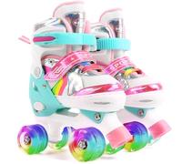 Ceestyle Rainbow Adjustable Quad Roller Skates Kids, All Light Up Wheels of Skates Shine, Illuminating Light Up Wheels, With Built In Adjusters Kids Roller Boots for Boys and Girls, Pink 1-4.5