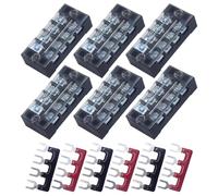 CEEYSEE 12pcs(6 Sets) 4 Positions Dual Rows Covered Screw Terminal Block 600V 25A + 6Pcs 4 Positions Pre-Insulated Black/Red Fork Terminal Barrier Strip 400V 25A (TB2504)