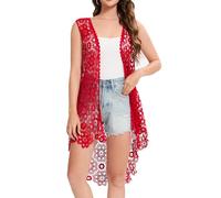 Cefulnel Women's Casual Long Crochet Vest Loose Fit Boho Lace Cover up High Low Sleeveless Cardigan, Bright Red, One size