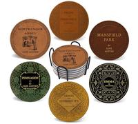 Cegkuc Coasters for Drinks with Holder Set of 6, Absorbent Cork Ceramic Novels of Jane Austen Coaster for Cup Desk Office Table Kitchen Decor House Warming Gifts for New Home Couples, Round 4"