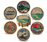 Cegkuc Coasters for Drinks with Holder Set of 6, Japan Manhole Absorbent Cork Coaster for Cup Desk Office Table Kitchen Decor House Warming Gifts for New Home Couples, Round 4"