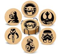 Cegkuc Coasters for Drinks with Holder Set of 6, Star Battle Absorbent Coaster Cork Wood for Cup Desk Office Table Kitchen Decor House Warming Gifts for New Home Couples, Round 4"