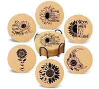 Cegkuc Coasters for Drinks with Holder Set of 6, Sunflower Absorbent Cork Wood Coaster for House Warming Gifts New Home Couples for Cup Desk Table Office Kitchen Decor, Round 4"