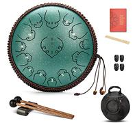 CEHJZQRPL 14 Inch 15 Notes C Key Steel Tongue Drum, Percussion Instrument Handpan Drum Kit with Mallets Drumsticks Finger Covers Carrying Bag for Yoga Zazen Meditation Concert Mind Healing(Green)
