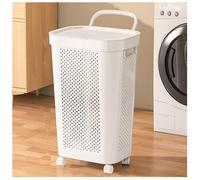 CEHJZQRPL PP Plastic Laundry Basket with Lid Large Opening Four Swivel Wheels at the Bottom Handles on Both Sides and Perforated Ventilation Hole(White)