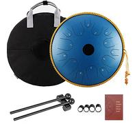 CEHJZQRPL Tongue Drum 14 Inches 14 Notes Copper Steel Handpan Dish Shape Drum with Rope Decoration Mallets Carry Bag Professional Musical Percussion Instrument for Meditation Yoga Zen(Blue)