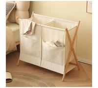 CEHJZQRPL X-shaped Fabric Laundry Basket with Reinforced Foldable Beech Wood Frames Two Compartments Raised Base(White)