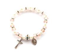 CEHTK Catholic Women Crucifix Charms Beaded Stretch Rosary Jewelry Elastic for Women Men Pink