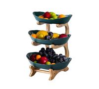 CEIEVER Fruit Bowl with Wooden Stand, Plastic Fruit Stand with 3 Levels Tiered Fruit Basket Countertop Fruit Basket for Fruit Vegetable Storage, Snack,Nuts,Cake,Dessert