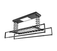 Ceiling clothes drying rack, ceiling clothesline, electrical lift clothes airer, 1.3m lifting height, clothes pole length adjustable 1.1-2m, with Remote control + LED lighting + electric lift-Black