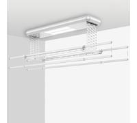 Ceiling clothes drying rack, electrical lift clothes airer, ceiling clothesline, 1.3m lifting height, clothes pole length adjustable 1.3-2.3m, with Remote control + LED lighting + electric lift-Silver
