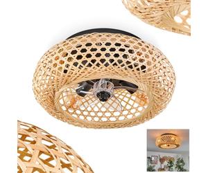 Ceiling Fan Bauro, Fan Made of Metal/Bamboo in Black/Natural with Remote Control, up/Down Function and Light Effect on The Ceiling, Ceiling Light 4-Flame Ø 50 cm, 4 x E27, Without Bulbs