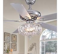 Ceiling Fan with Lights for Bedroom, 48” Crystal Fans Light with Remote Control, Silver Ceiling Lamps for Living Room Dining Room Fandelier with 5 Wood Blades Reversible Vintage Modern