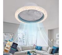 Ceiling Fans with Lamps with 360° Oscillating, Crystal Ceiling Fan Light Reversible 6 Speeds Dimmable, Quiet Ceiling Fans with Lights and Remote Led Living Room Bedroom, Invisible Fan Light-Blue