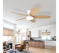Ceiling Fans with Lights and Remote, Fan Lights Led Ceiling for Bedroom, Indoor 5 Blades Silent Large Fan Lamp, Dimmable 6-spd Reversible DC Motor with Timer for Living Room-White+WoodGrain||42in