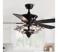 Ceiling Fans with Lights and Remote for Living Room Fandelier Vintage Fans with Lamps LED Crystal Lampshade for Bedroom Lounge Dining Table Kitchen Island Motor Silent Reversible (Black, 50"