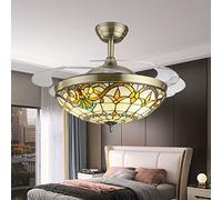 Ceiling Fans with Lights and Remote Tiffany 6 Speeds 3 Colour Reversible Motor Ceiling Fans with Lamps Invisible Retractable Blades Ceiling Fan Light for Living Room Bedroom Dining Room-A