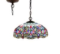 ceiling Hanging Lamp 16 Inch Pull Chain Blue Stained Glass Lampshade Crystal Bead Dragonfly Anqitue Chandelier Ceiling Style Pendant 2 Light Fixture for Dinner Room Living Room Bedroom Comfortable
