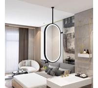 Ceiling Hanging Oval Mirror with Black Metal Frame + LED Lights, Wall Mounted Bathroom Mirror Floating Decorative Glass Mirror(40cmx60cm)