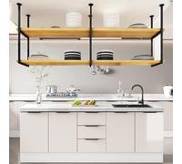 Ceiling Hanging Storage Rack - 2-Tier Kitchen Overhead Shelf with Iron Frame, Wooden Wine Rack & Glass Holder for Pots, Pans & Bar (90x30x80cm)