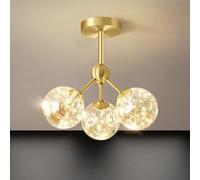 Ceiling Light Amber Lampshade Glass Globe Lamp, Brush Gold Semi Flush Mount Ceiling Light,. Mid-Century Modern Close to Ceiling Light for Living Room Bedroom Foyer Kitchen,3 Ligh