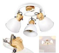 Ceiling Light Banjul, Round Ceiling Light Made of Metal in White/Wood Optic, 3-Flame, with Adjustable spotlights, 3 x E27 Socket, Spiral in Retro/Vintage Design, Without Bulbs