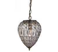 PENDANT 1 LIGHT ANTIQUE BRASS, CLEAR GLASS BUTTONS/COFFIN DROP TRIM