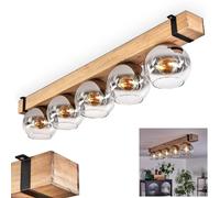 Ceiling Light Montgomery, Ceiling lamp Made of Metal/Wood/Glass in Black/Natural/Chrome-Coloured/Clear, Scandinavian Design with Wooden Beams and Glass Shades (Ø 15 cm), 5 x E27, Without Bulbs