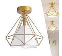 Ceiling Lights Diamond Shape Ceiling Lamp Hanging Light Pendant E27 Ceiling Light Lamp Cage Lamp Cover Lamp Shades Chandelier Metal Iron Creative for Decor Golden Bedroom Kitchen Dining Room (Gold)