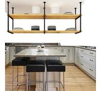 Ceiling-Mounted Overhead Storage Shelf - 2-Tier Wood & Metal Floating Shelves, Kitchen Pot & Pan Rack, Flower Stand, Wall Decor, Space-Saving Display (90x30x80cm)