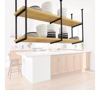 Ceiling Mounted Overhead Storage Shelf - 2-Tier Wooden & Metal Pot Rack - Floating Hanging Shelving for Kitchen, Pantry, Loft Decor (110x30x80cm)