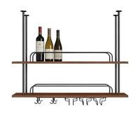 Ceiling Mounted Wine Rack - 2-Tier Industrial Wood & Metal Hanging Wine Storage with Glass Holder Perfect for Home Bar & Restaurant (80x27x80cm)