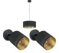Ceiling Pendant Light & 2x Matching Wall Lights Black & Gold Round Fabric Shade