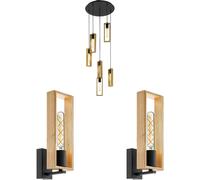 Ceiling Pendant Light & 2x Matching Wall Lights Black & Wood Box Feature Lamp Loops Black One Size