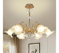 ceiling Vintage French 6 Gold Crystal Flower Chandelier for Dining Table Kitchen Bedroom Semi Flush Ceiling Light with Milk Glass Farmhouse Living Room Pendant Lighting