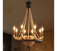 ceiling Vintage Hemp Rope Chandelier, Industrial Style, E14 Base, 8 Lights, Ceiling Lighting, Iron Candle Pendant lamp, Suitable for Kitchen, Living Room, Restaurant, Cafe