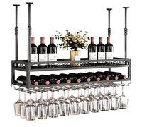 Ceiling Wine Glass Rack Hanging Wine Rack with Glass Holder and 2-layer Shelf, Height Adjustable Industrial Hanging Wine Bottle Holder for Bar Cafe Kitchen - Black Metal
