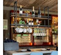 Ceiling Wine Glass Rack, Hanging Wine Rack with Glass Holder and Shelf, 2 Layer Industrial Wine Bottle Holder, Vintage Display Wine Rack cabinets, for Bar Cafe Kitchen