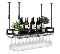 Ceiling Wine Glass Rack - Hanging Wine Rack with Glass Holder and Shelf, 35~55cm Height Adjustable Modern Hanging Wine Bottle Holder, Metal Ceiling Shelf for Bar Cafe Kitchen,Black-120X35cm