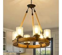 CeilingChandeliers, Wood Wagon Wheel Pendant Light Farmhouse 6-Lights Wooden Round Chandelier Rustic Ceiling Light Fixture with Seeded Glass Shade for Kitchen Island Dining Room Bedroom Hallway Livin