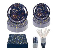 CEILIWEN 125PCS Navy Blue & Gold Stars Party Tableware Set - 9'' & 7'' Foil Paper Plates, Napkins, Cups & Straws - for Christmas, Birthday, Wedding, Graduation, New Year (Navy Blue & Gold Stars)