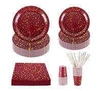 CEILIWEN 125PCS Red & Gold Stars Party Tableware Set - 9'' & 7'' Foil Paper Plates, Napkins, Cups & Straws - for Christmas, Birthday, Wedding, Graduation, New Year (Red & Gold Stars)