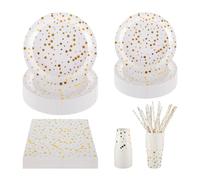 CEILIWEN 125PCS White & Gold Stars Party Tableware Set - 9'' & 7'' Foil Paper Plates, Napkins, Cups & Straws - for Christmas, Birthday, Wedding, Graduation, New Year (White & Gold Stars)