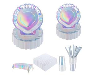 CEILIWEN 126PCS Silver Seashell Party Tableware Set for 25 Guests - 9'' & 7'' Paper Plate, Cup, Napkin, Straw, Tablecloth - Iridescent Birthday/Baby Shower/Mermaid Party/Under The Sea Celebration
